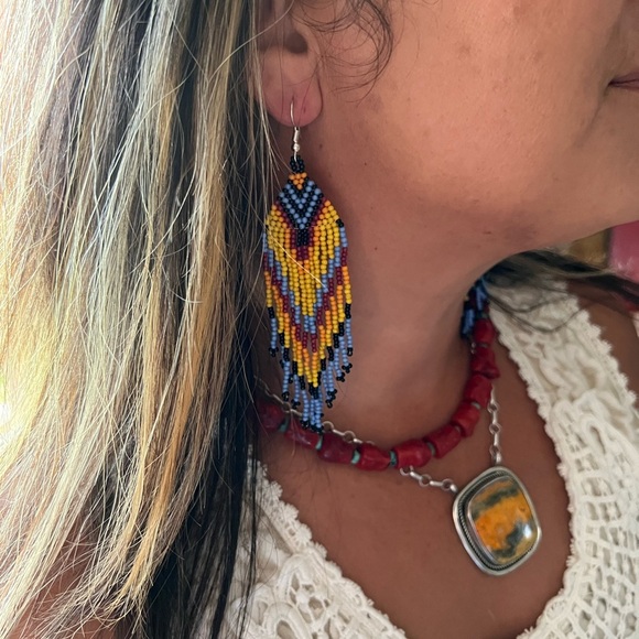 Gorgeous 🌻Hand Beaded Boho tassel boho western tribal earrings blue yellow - Picture 1 of 3